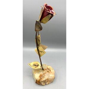 Vtg 70s DeMott Brass Copper Metal‎ Onyx Stone Rose Sculpture  Art Decor